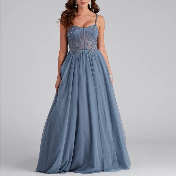 Windsor AJ Embroidered Mesh Corset A-Line Gown - Picture 1 of 9
